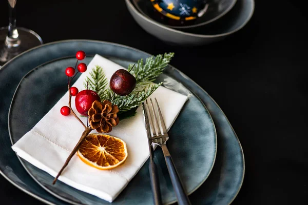 Tatil Koyu Ahşap Masa Kopya Alanı Ile Noel Yemeği Için — Stok fotoğraf