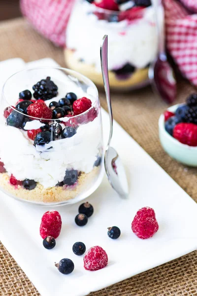 Joghurt Dessert Mit Müsli Und Beeren Auf Rustikalem Hintergrund — Stockfoto