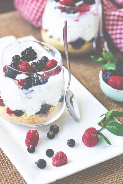 Joghurt Dessert Mit Müsli Und Beeren Auf Rustikalem Hintergrund — Stockfoto