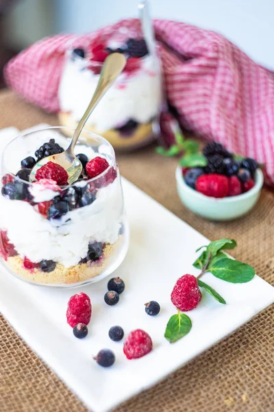 酸奶甜点与燕麦和浆果在乡村背景 — 图库照片