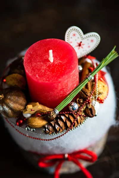 Christmas Koncept Med Ljus Och Krydda Inredning Rustika Bakgrund Med — Stockfoto