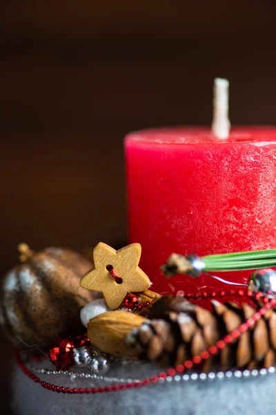 Conceito Interior Natal Com Velas Decoração Especiarias Fundo Rústico Com — Fotografia de Stock