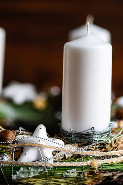 Χριστούγεννα Εσωτερικό Έννοιας Κεριά Και Μπαχαρικών Διακόσμηση Ρουστίκ Φόντο Αντίγραφο — Φωτογραφία Αρχείου