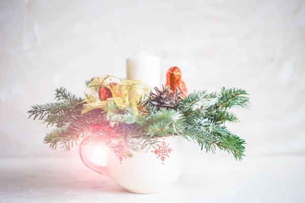 Conceito Interior Natal Com Velas Decoração Especiarias Fundo Rústico Com — Fotografia de Stock