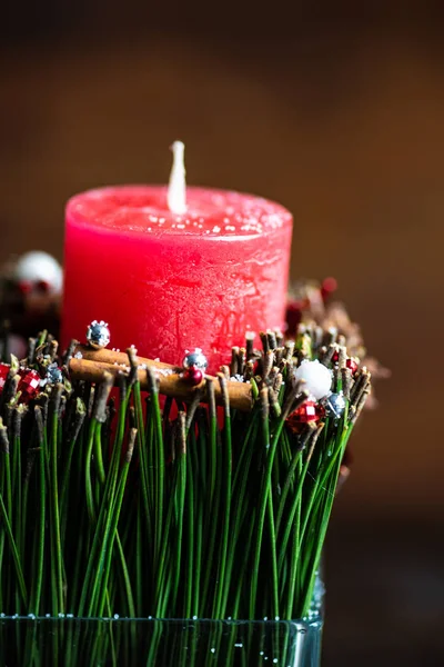 Juleinteriørkonsept Med Stearinlys Krydder Landlig Bakgrunn Med Kopiplass – stockfoto