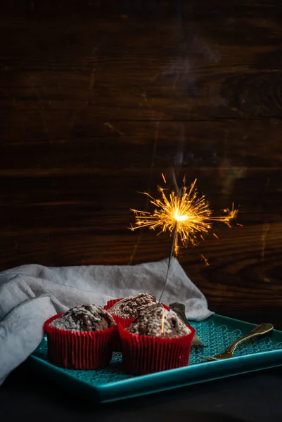 Sweet Chocolate Cupcakes Rustic Background Copy Space — Stock Photo, Image