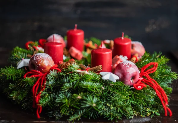 Christmas Card Concept Rustic Dark Wooden Background Bright Balls Fir — Stock Photo, Image