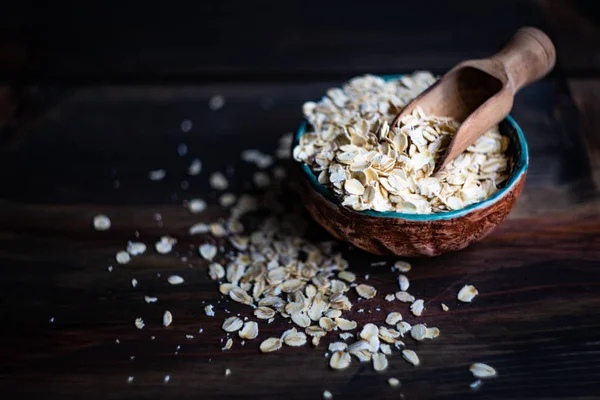 Concepto Comida Saludable Con Harina Avena Sobre Fondo Rústico Oscuro — Foto de Stock