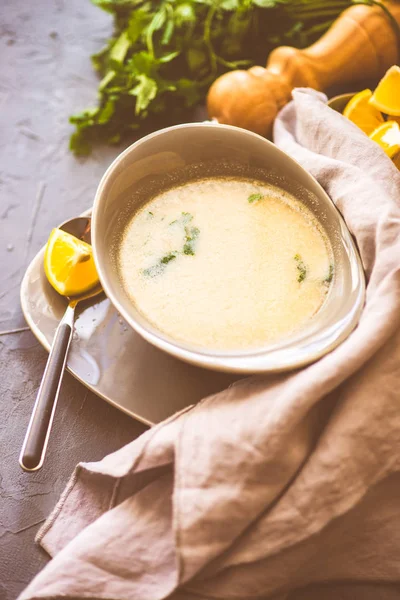 Traditional Georgian Chicken Soup Chikhirtma Coriander Lemon Rustic Background Copy — Stock Photo, Image