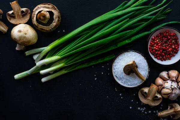 Ingredientes Para Cocinar Sopa Verduras Con Champiñones Cebolla Sobre Fondo — Foto de Stock