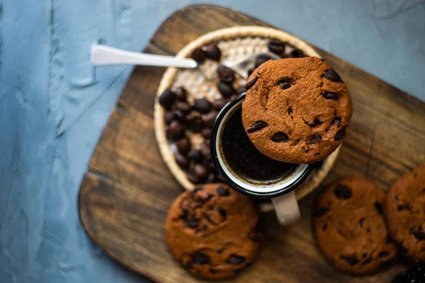 Coffee Time Concept Cup Coffee Chocolate Cookies Rustic Background Copy — Stock Photo, Image