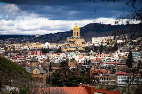 Famous View Narikala Castle Mosque Sameba Cathedral Old Tbilisi Georgia — Stock Photo, Image