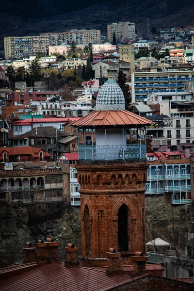 Famosa Vista Para Castelo Narikala Mesquita Catedral Sameba Old Tbilisi — Fotografia de Stock