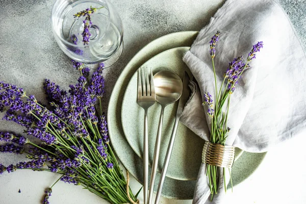 Summer Time Table Set Minimalistic Stoneware Cutlery Served Concrete Background — Stock Photo, Image