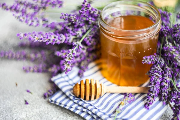 Summer Lavandula Honey Glass Jar Flowers Lavender Plant Stone Background — Stock Photo, Image