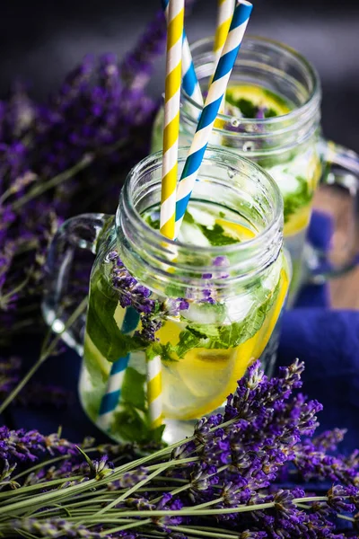 Summer Detox Lemonade Lavender Lemon Mint Vintage Glass Straw Rustic — Stock Photo, Image