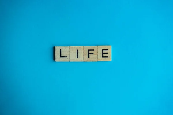 Wooden Blocks Life Words Blue Background — Stock Photo, Image