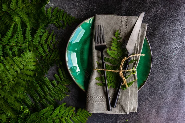 Summer Rural Table Setting Plate Cutlery Decorated Fresh Fern Leaves — Stock Photo, Image