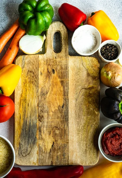 Concepto Cocina Con Verduras Frescas Sobre Fondo Hormigón Con Espacio — Foto de Stock