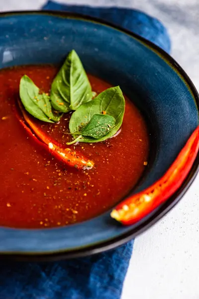 Traditional Spanish Tomato Soup Gazpacho Derved Ceranic Bowl Fresh Basil — Stock Photo, Image