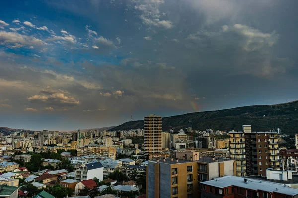 Dramatic Evening Sky Rainbow Tbilisi Downtown Georgia — Stock Photo, Image