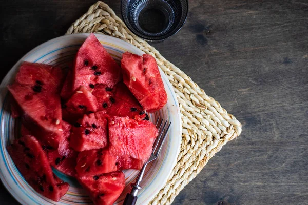 Ripe Organic Watermelon Slices Plate Summer Dessert Wooden Table — Stock Photo, Image