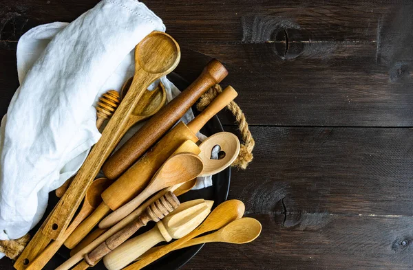 Sorten Von Kochlöffeln Einem Rahmen Auf Holzgrund Mit Kopierraum — Stockfoto