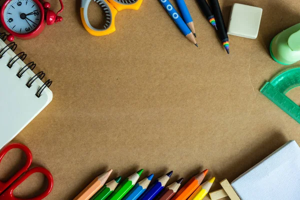 Terug Naar School Plat Bewerkte Papieren Achtergrond Met Kopieerruimte — Stockfoto