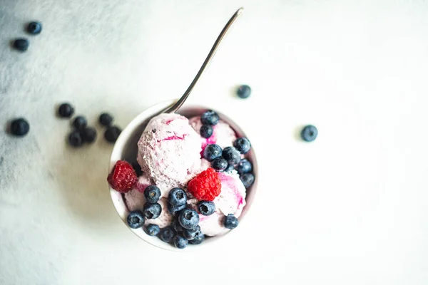 ブルーベリーの新鮮な有機果実を使ったフルーツ夏のアイスクリームデザートは コピースペース付きの石の背景にボウルで提供されます — ストック写真