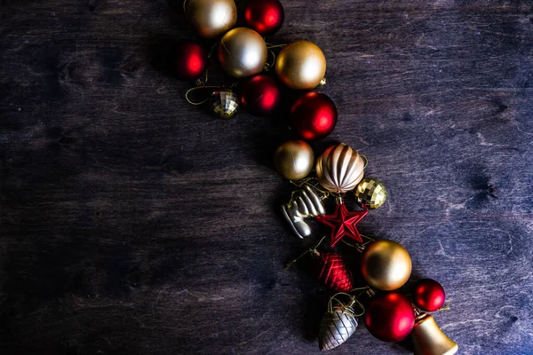 Boules Noël Vintage Dans Cadre Sur Fond Bois Avec Espace — Photo