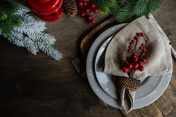 Cenário Mesa Natal Com Decoração Férias Mesa Rústica Com Espaço — Fotografia de Stock