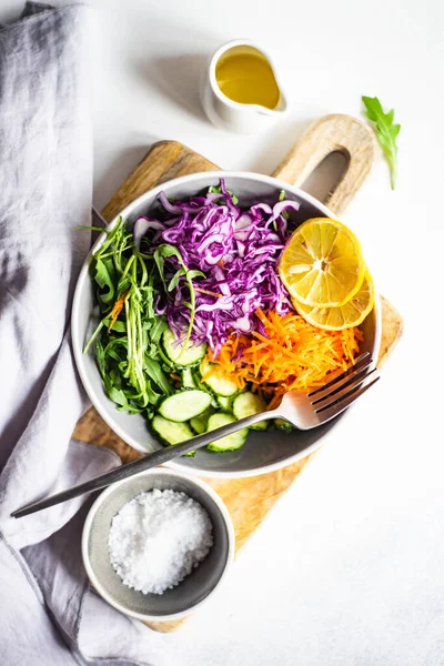 Healthy Salad Concept Raw Fresh Vegetable Bowl Concrete Background Stock Photo