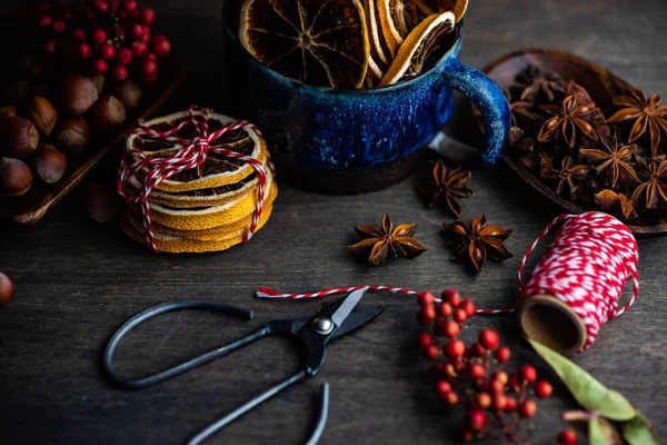 Christmas Food Concept Spice Varieties Cooking Mulled Wine Vintage Wooden — Stock Photo, Image