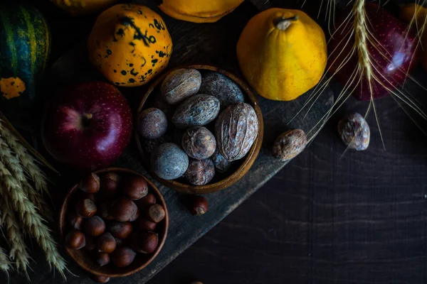 Conceito Cartão Ação Graças Com Outonal Hatvest Vegetal Frutas Nozes — Fotografia de Stock