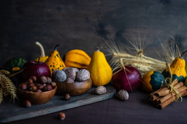 Thanksgiving Kaart Concept Met Herfst Hatvest Groente Fruit Noten Rustieke — Stockfoto