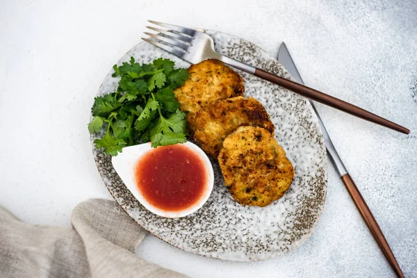 Chicken Cutlet Served Sauce Coriander Concrete Table — Stock Photo, Image