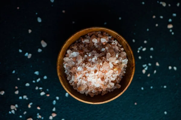 Healthy Cooking Concept Wooden Bowl Full Pink Hymayan Salt Dark Royalty Free Stock Photos