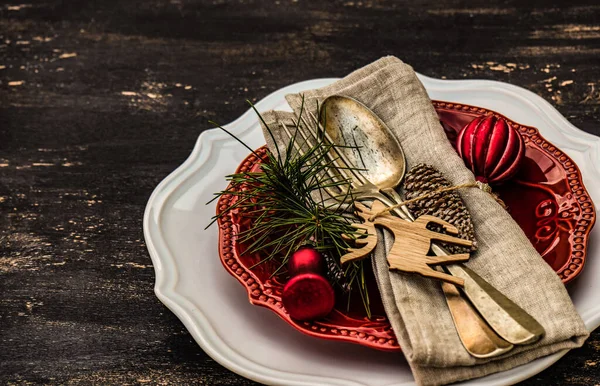 Dukning Vintage Och Rustik Trä Bakgrund Med Cutkery Dekorerad Med — Stockfoto