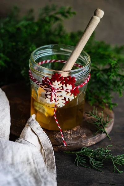 Christmas Card Concept Jar Honey Holiday Decor Rustic Background Copy — Stock Photo, Image