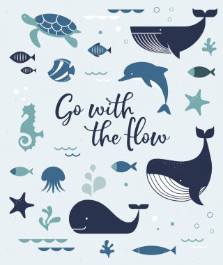 Sea life, whales, dolphins icons and illustrations, poster design clipart