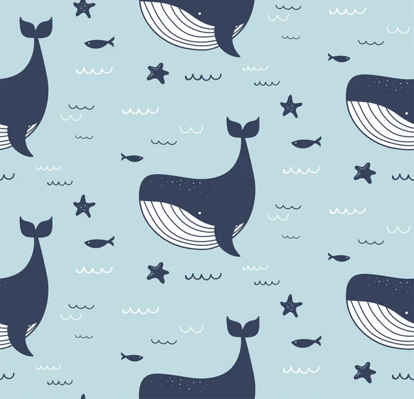 Vida marina, ballenas, delfines, patrón inconsútil — Vector de stock