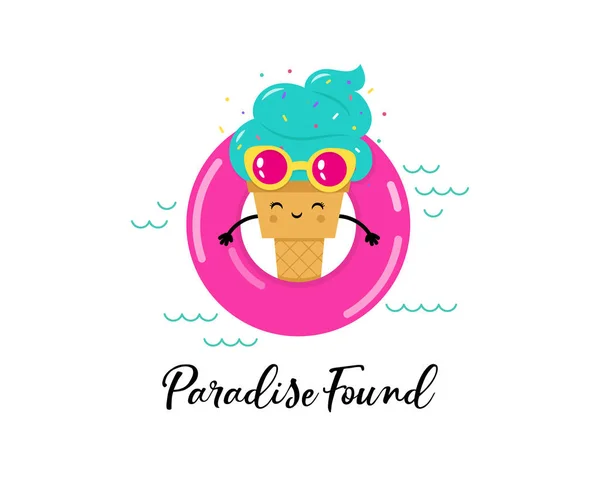 Carino personaggio gelato in piscina sul galleggiante rosa — Vettoriale Stock