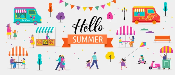 Festival de verão, feira de rua de comida, cartaz do festival da família e design de banner — Vetor de Stock