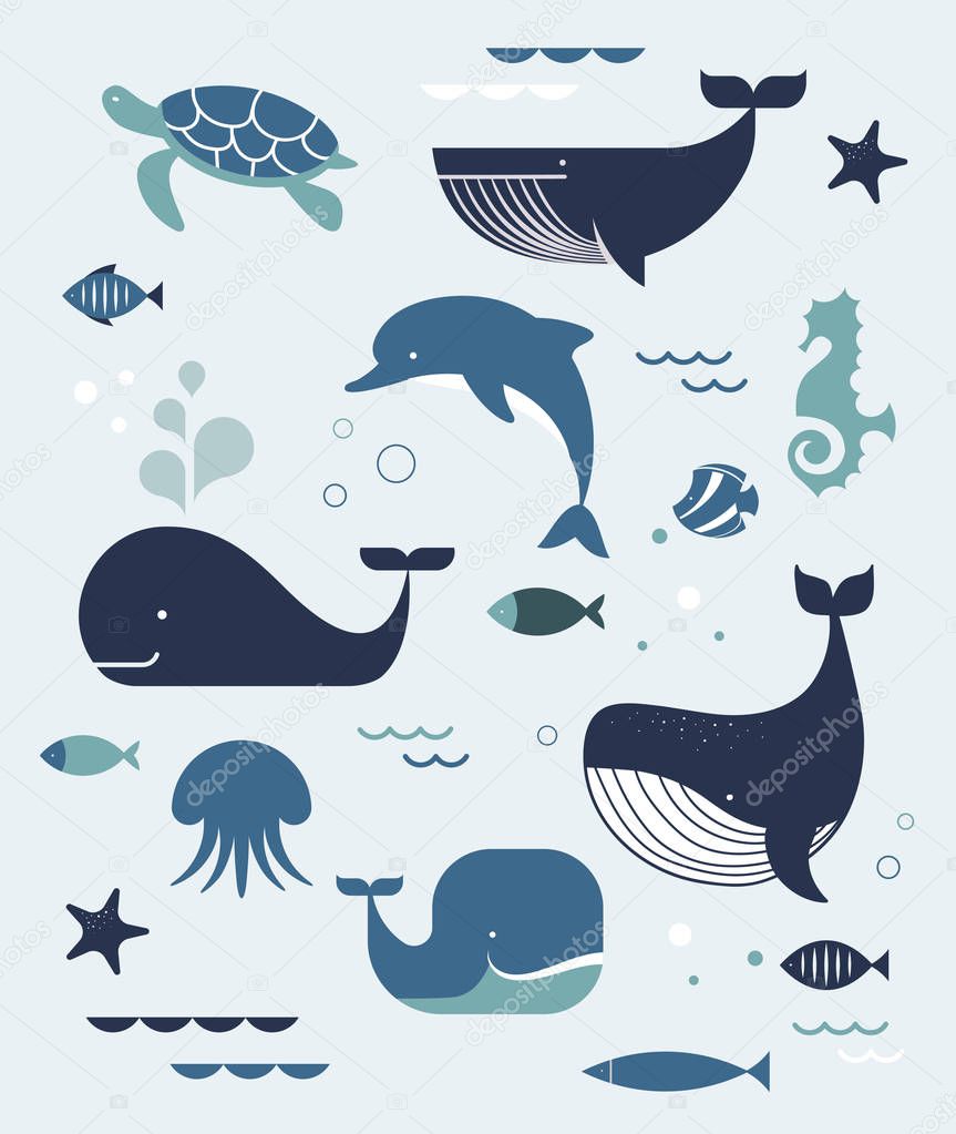 Sea life, whales, dolphins icons and illustrations, poster design