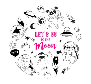 Uzay kavramı illüstrasyon. Kask, yaratıcı çocuk odası tasarımları, sevimli hayvanlar astronotlar kaydırma çocuk odası, kumaş, için mükemmel