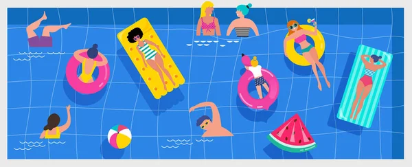 Top view beach background, Pool party, Summer water activities, scene with a lot of tiny people, characters, umbrellas, balls and kids — Stock Vector