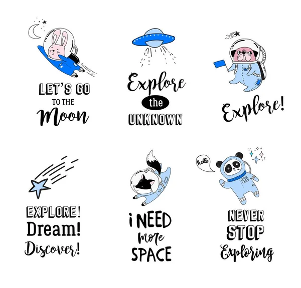 Citações do conceito Espaço Exterior. Animais bonitos astronautas em capacetes, desenhos criativos berçário, perfeito para sala de crianças, tecido, envoltório — Vetor de Stock