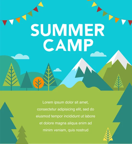 Summer camp, children vacation, traveling and family camping activity. Poster and flyer — Stock Vector