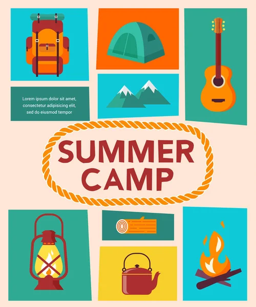 여름 캠프, 어린이, 여행 방학과 가족 캠핑 활동. 포스터 및 전단지 — 스톡 벡터