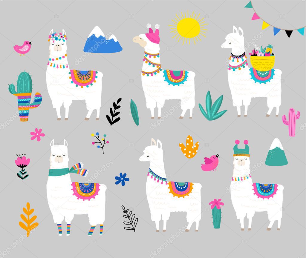 Llama collection, cute hand drawn illustration and design for nursery design, poster, greeting cards